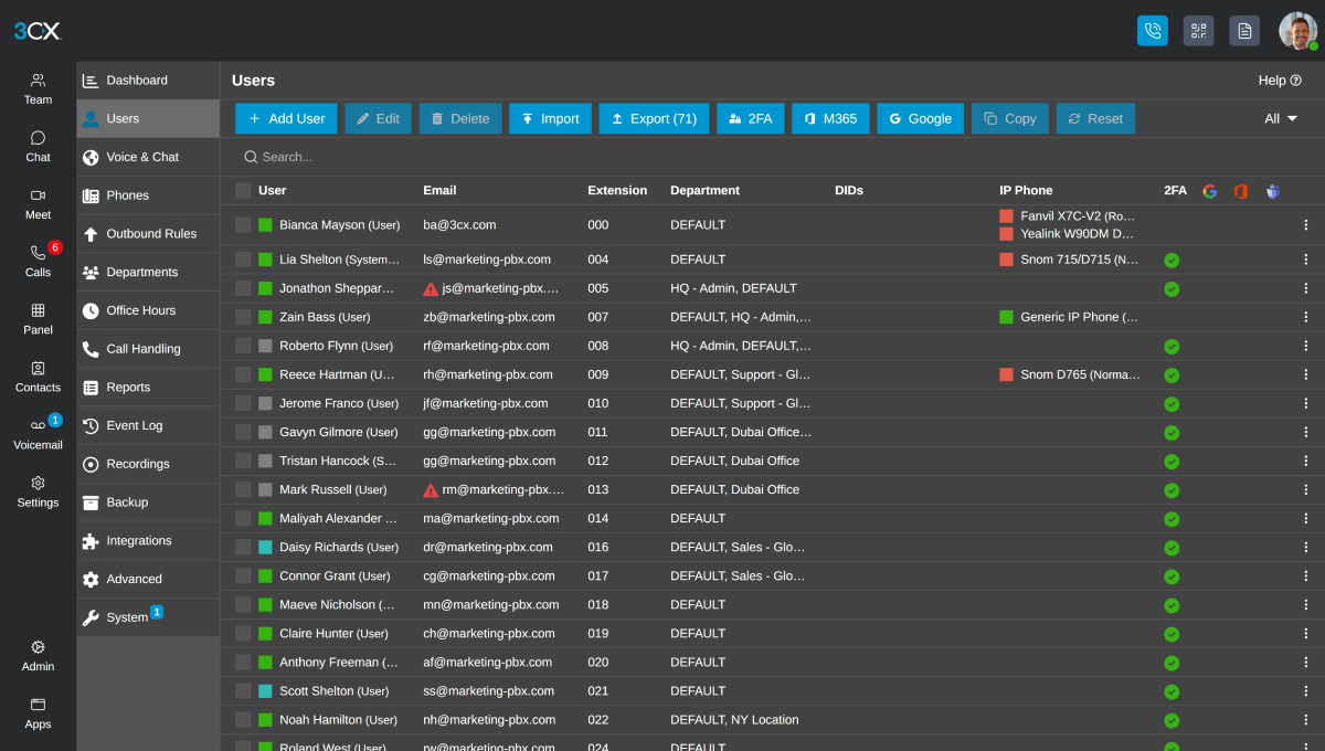 3CX admin console with user management