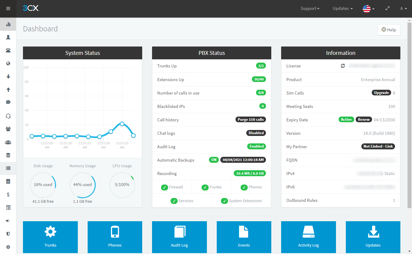 3CX management console with system dashboard