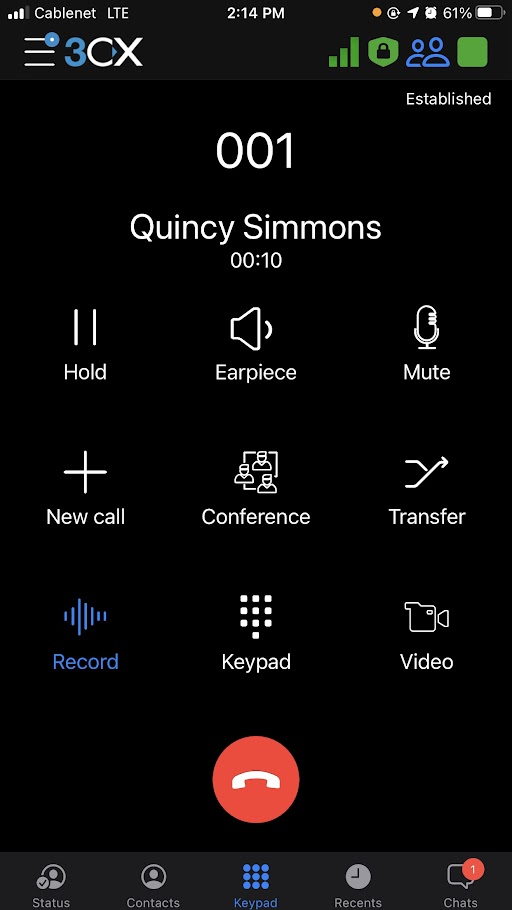 3CX iOS app with active call screen