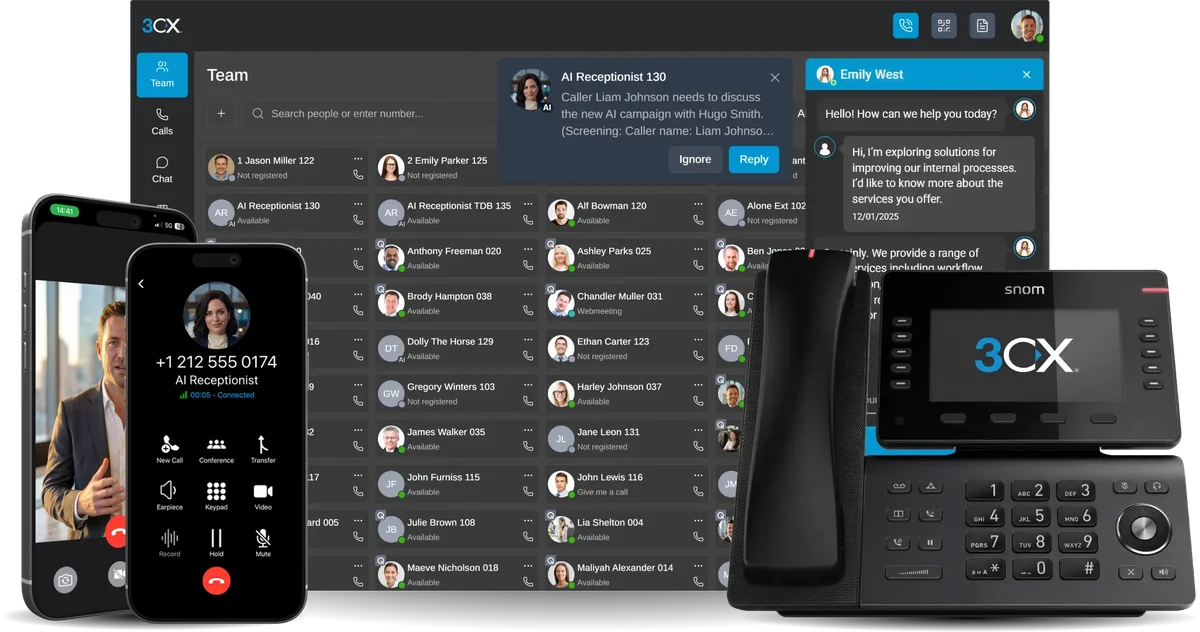 3CX on every device: web client, smartphone app and Snom desk phone