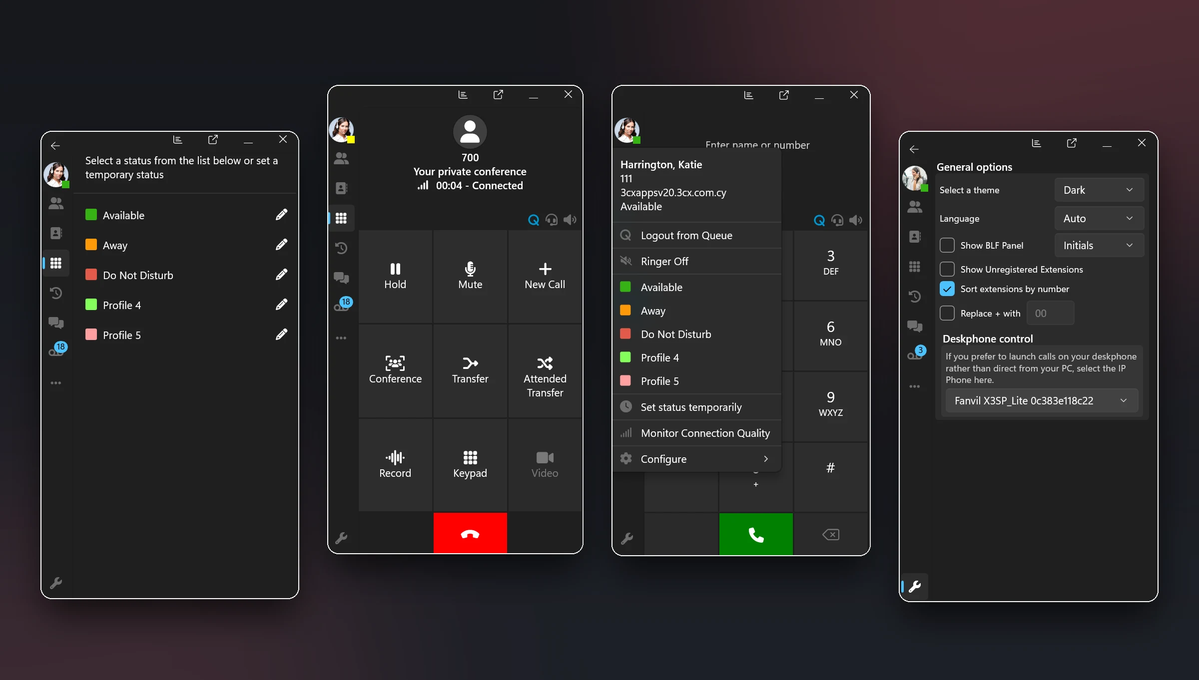 3CX PC Softphone for Windows: status, active call, dial pad and settings