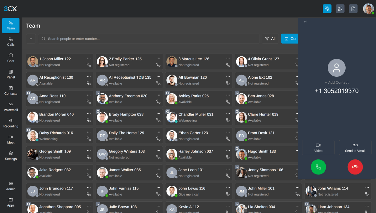 3CX web client with team presence view and incoming call
